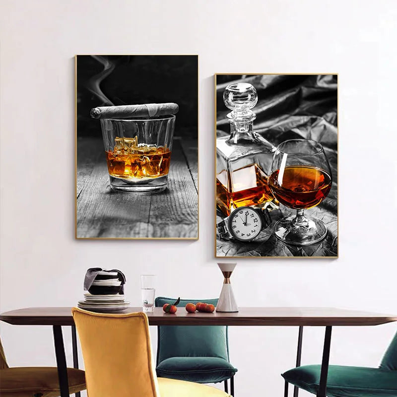 Toile d'art mural avec cigare, whisky, peinture sur toile, vin, liqueur, nature morte, affiches imprimées en noir et blanc, images pour décoration de salon et de maison