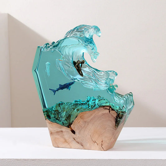 Ocean Whale Surfing Desktop Ornaments Creative Art Lamp Holder Solid Wood Resin Night Light Birthday Gift