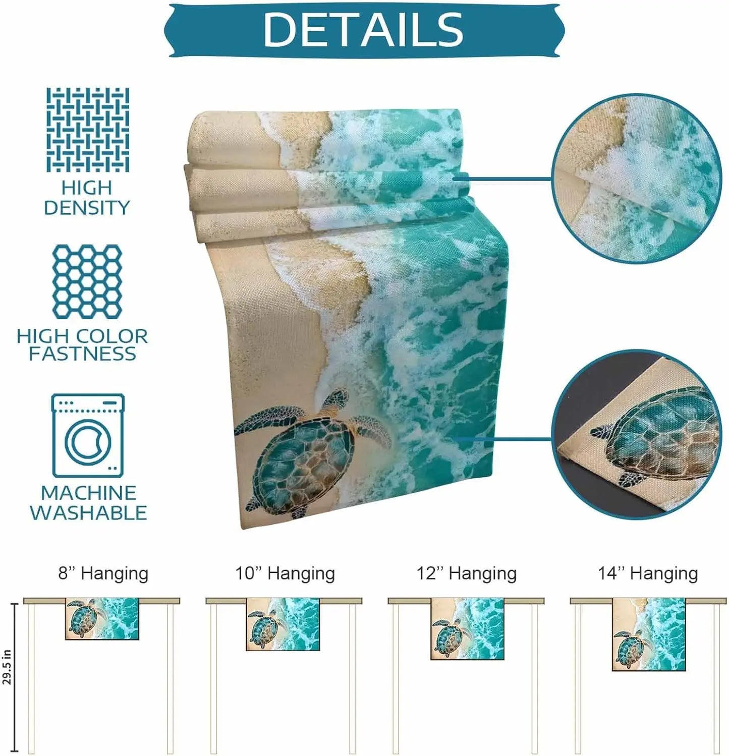 Turquoise Sea Turtle Beach Wave Linen Table Runner Holiday Party Decor Summer Ocean Turtle Table Runners for Kitchen Table Decor