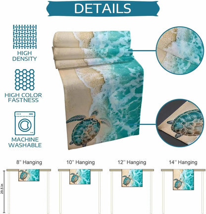 Turquoise Sea Turtle Beach Wave Linen Table Runner Holiday Party Decor Summer Ocean Turtle Table Runners for Kitchen Table Decor