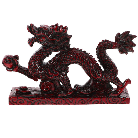 Resin Chinese Dragon Statue Red Wood Color Carved Zodiac Dragon Figurine 2024 Year The Dragon Statue Decoration Luck Wealth