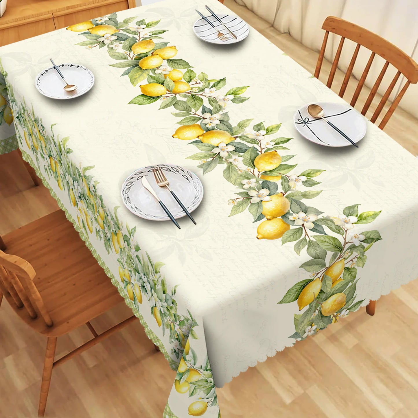 Summer Lemon Floral Buffalo Plaid Tablecloth Holiday Party Decor Retro Flowers Green Leaves Rectangle Table Cloths Home Decor