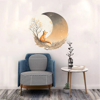 Fox Tree Moon Round Wall Sticker Living Room Bedroom Jungle Forest Animal Wall Decal Living Room Home Decor