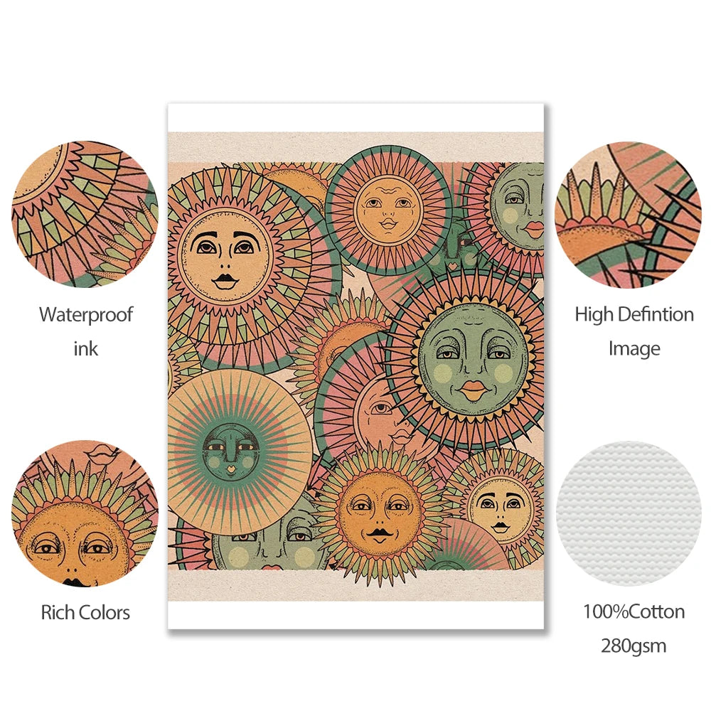 Bohemian Sun Faces Canvas Painting Abstract Vintage Wall Pictures Retro Happy Quote Square Print Poster Living Room Home Decor