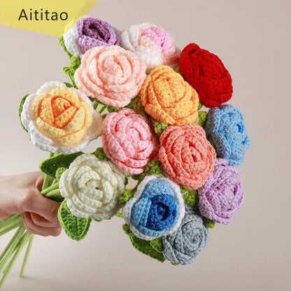 Finished Handmade Knitted Rose Artificial Flowers Braided Fake Flower Crochet Bouquet Decoration Table Holiday Gifts Ornament