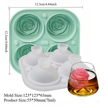 3D Rose Ice Cube Tray Silicone Mold - 4 Giant Flower & Ball Ice Maker for Cocktails, Reusable, Easy Release, Party & Home Bar