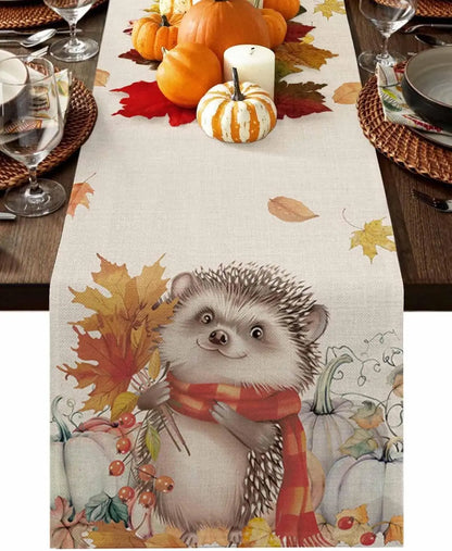 Thanksgiving Fall Hedgehog Pumpkins Maple Leaf Linen Table Runners Autumn Dresser Scarf Holiday Kitchen Party Dining Table Decor