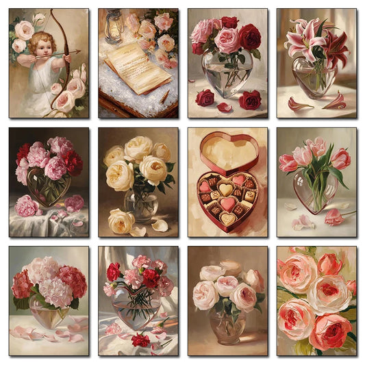 Peony Tulip Pink Roses Valentines Day Romantic Floral Vase Poster Print Wall Art Pictures Canvas Painting Room Home Decor Gift