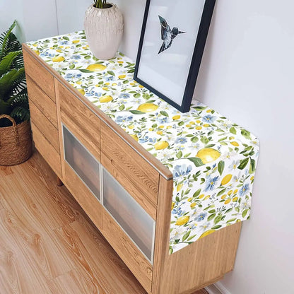 Summer Yellow Lemon Blue Flowers Linen Table Runner Holiday Party Decor Farmhoue Kitchen Dining Table Runners Wedding Decoration