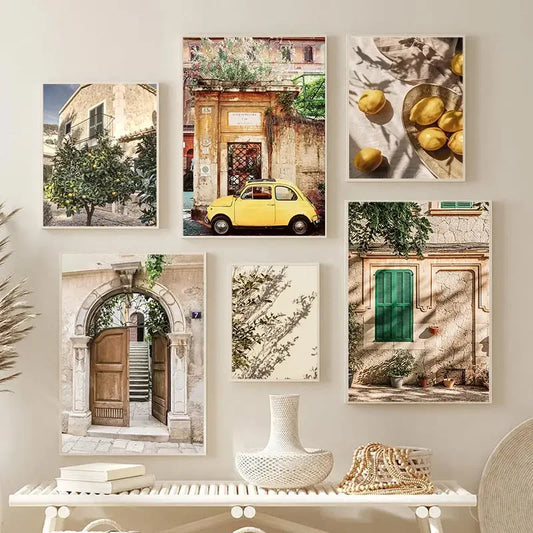 Autumn Italian Town Garden Landscape Wall Art Lemon Harvest Poster Cars and Plants Canvas Painting Home Living Room Decoration