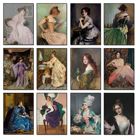 Vintage Victorian Women Mirror Lady Portrait Poster Print Wall Art HD Pictures Canvas Painting Living Room Home Decor Frameless