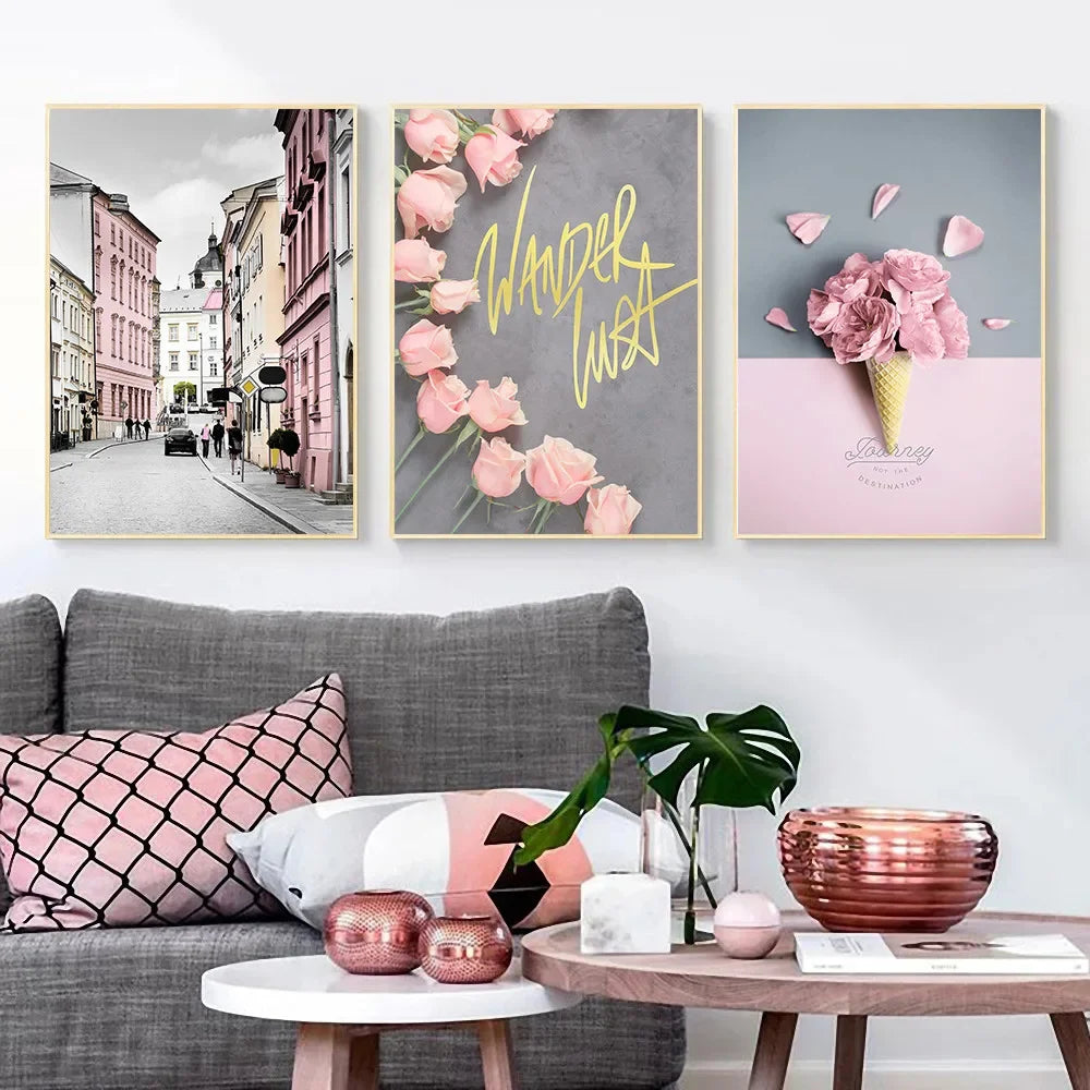 Toile d'art rose style Boho minimaliste, affiche et imprimés de plantes vertes tropicales, décor pour chambre de fille, salon