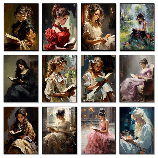 Vintage Portrait Oil Painting Women Read Elegant Girl Book Lovers Poster Canvas Paintings Wall Art Pictures For Room Home Decor