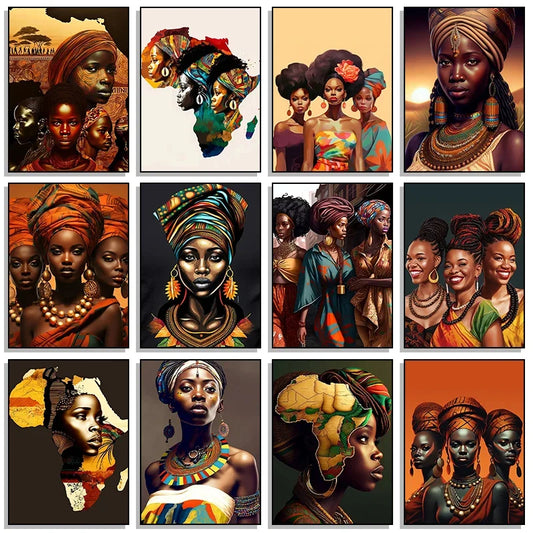 Modern African Black Woman Portrait Posters and Prints Canvas Painting Wall Art Pictures for Living Room Home Decor Frameless