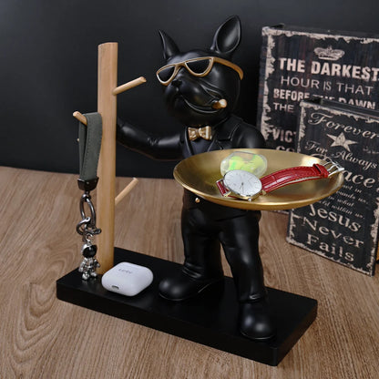 Schwarze französische Bulldoggenstatue mit Holzgestell, Hundebutler mit Metalltablett für Perlen und Juwelenhalter, Heimdekoration, Ornamente