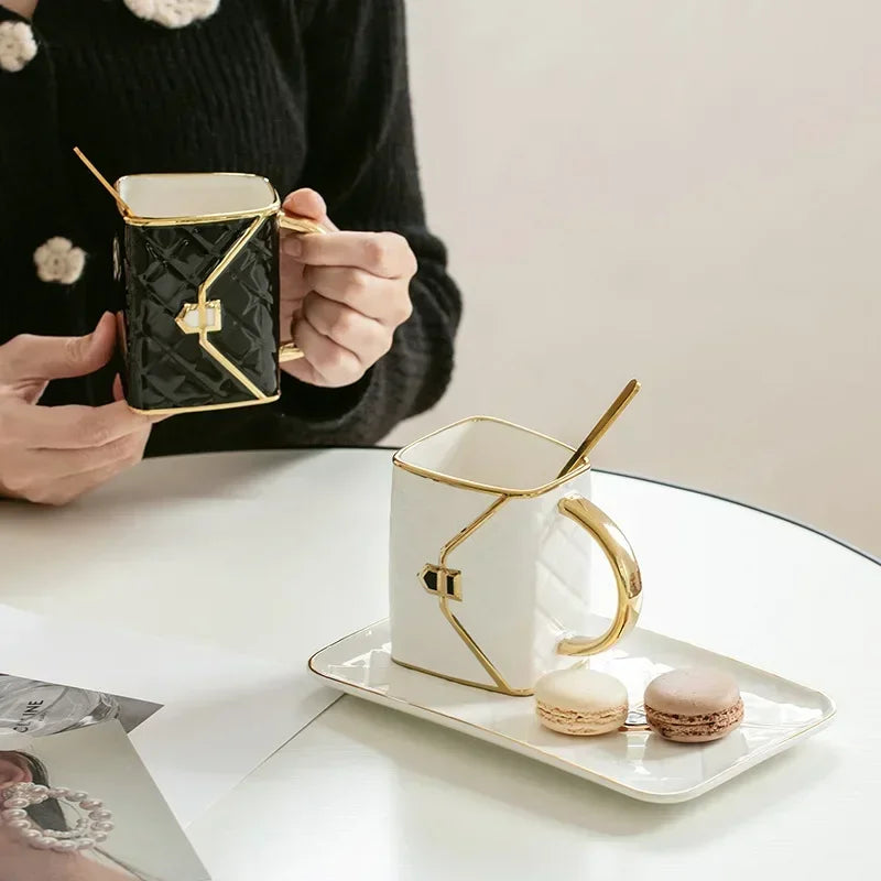Ceramic Bag Shaped Mug Luruxy Coffee Cup Creative Tote Handbag Shape Cups Saucer Set Dessert Afternoon Tea Mugs Drinkware Gift