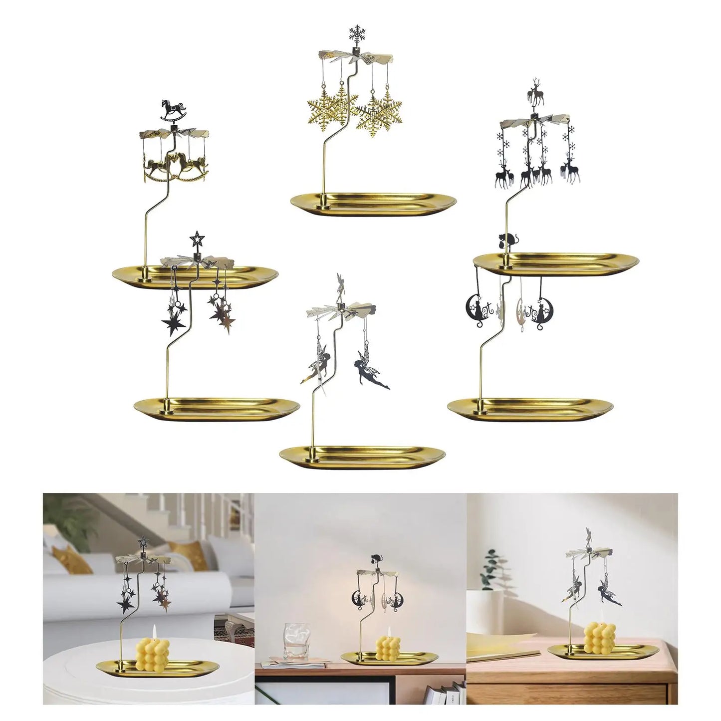 Golden Rotating Candlestick Holder Carousel Revolving Candle Tray Candle Holder for Romantic Wedding Party Bedroom Decoration