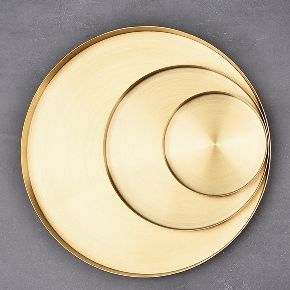 Kitchen 304 Stainless Steel  Gold plate Space Saving Round Shape Jewelry Display Decorative Storage Tray Desktop Bathroo