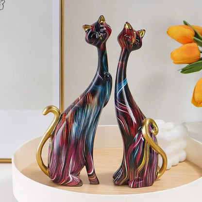 Statue de chat colorée, peinture à l'huile, ensemble de Sculptures de Couple de chat, Statue moderne en résine pour décoration de maison, accents de bibliothèque de salon