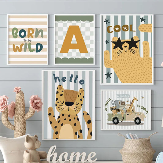 Kawaii Tiger Lion Giraffe Car Custom Baby Name Nursery Wall Art Canvas Painting Posters And Prints Pictures Baby Kids Room Decor
