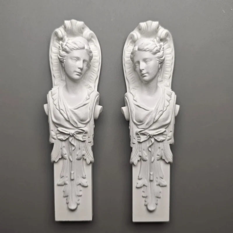 Pair of Classical Maiden Pillar Busts - Plaster Sculptures, Roman-Inspired Shelf Artifacts & Museum-Style Collectible Decor