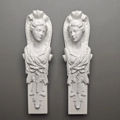Pair of Classical Maiden Pillar Busts - Plaster Sculptures, Roman-Inspired Shelf Artifacts & Museum-Style Collectible Decor