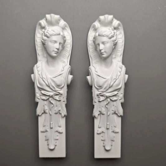 Pair of Classical Maiden Pillar Busts - Plaster Sculptures, Roman-Inspired Shelf Artifacts & Museum-Style Collectible Decor