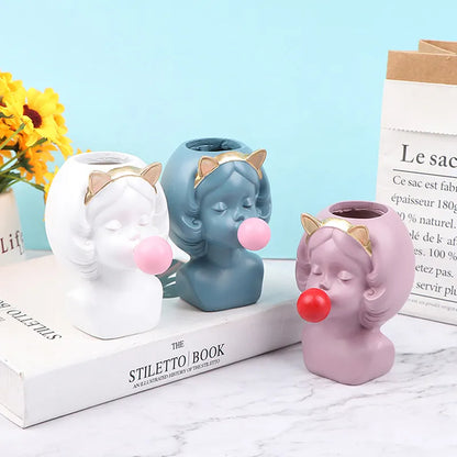 Figurine de gomme à bulles pour fille mignonne, Vase de fleur en résine, Pot de fleur décoratif, Pot de plante artificielle, ornement de maison