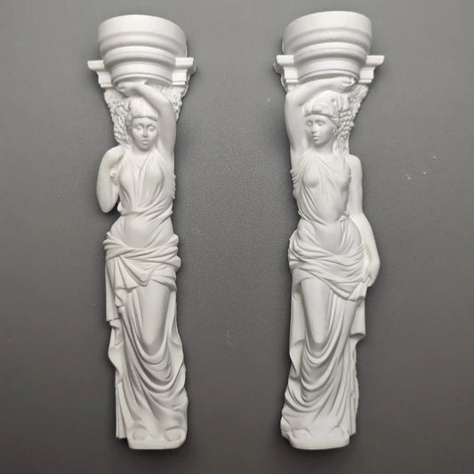 Set of Classical Maiden Column Statues - Plaster Sculptures, Greek-Inspired Shelf Artifact & Collectible Study Decor