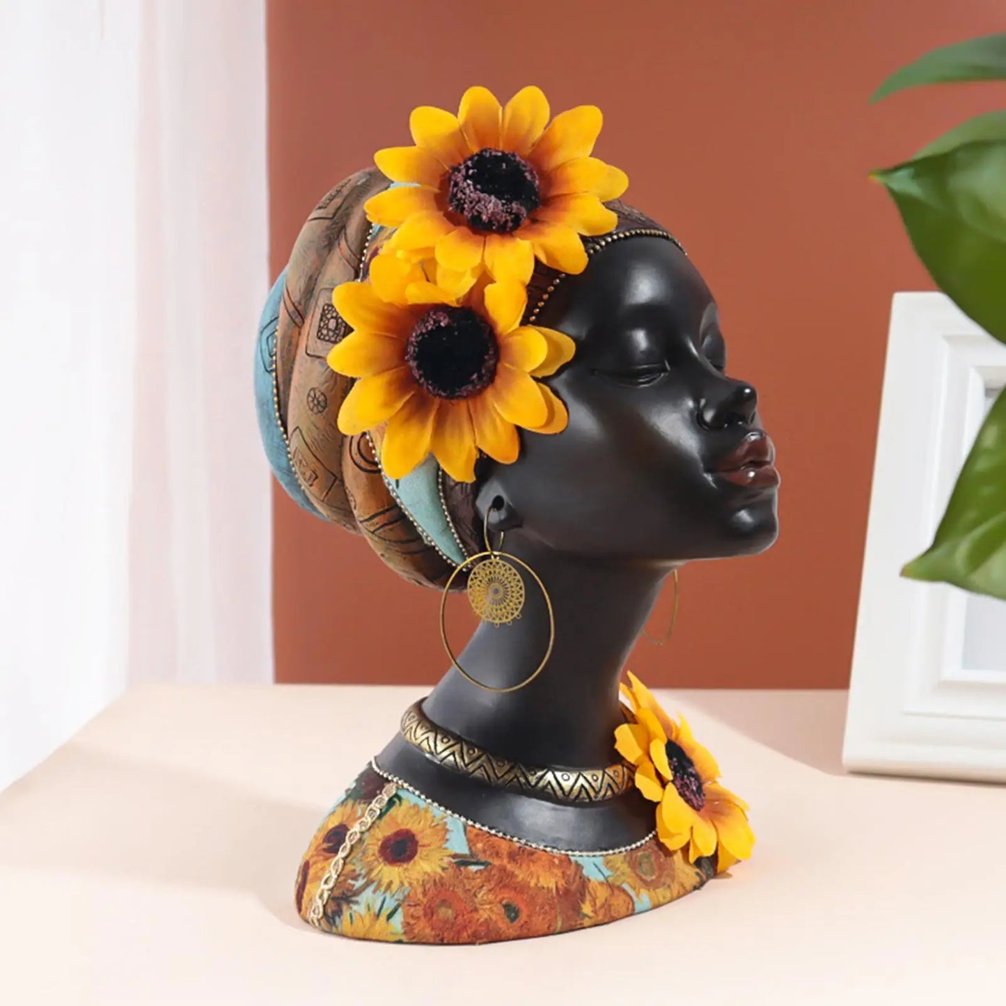 African Woman Statue Black Lady Figurine Female Bust Art Sculpture Resin for Wine Cabinet Table Centerpiece Restaurant Bedroom