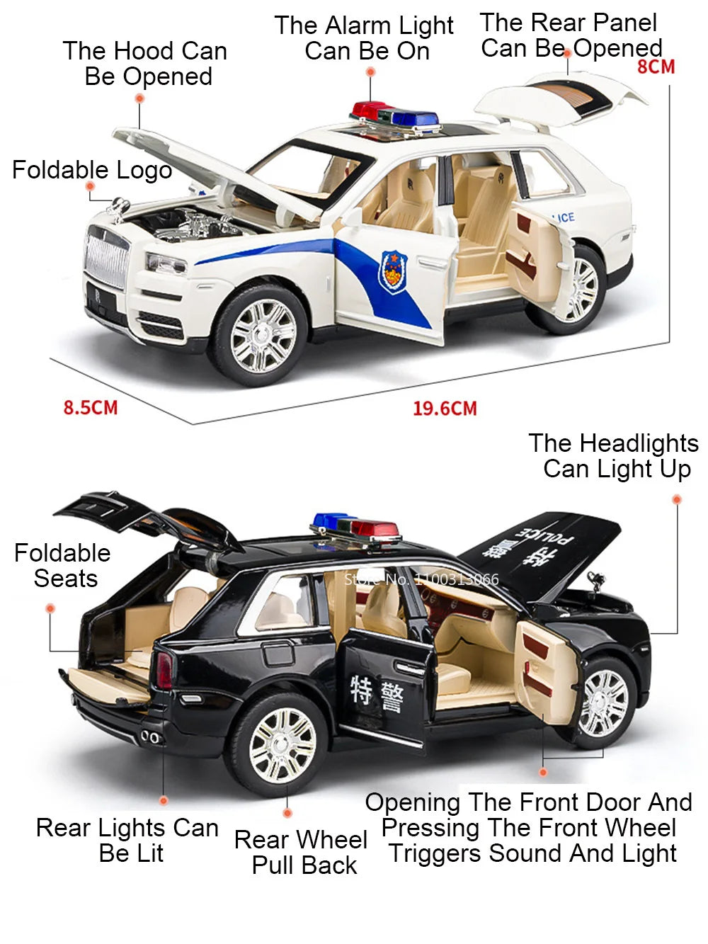 1:24 Scale Rolls-Royce Cullinan Police Cars Models Toys With Light Sound Wheel Pull Back Off-road Vehicles Boys Festival Gifts