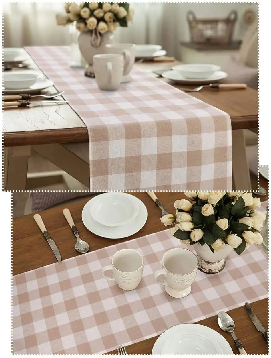 Brown White Buffalo Checked Plaid Linen Table Runner Washable Farmhouse Dresser Scarf Holiday Kitchen Party Dining Table Decor