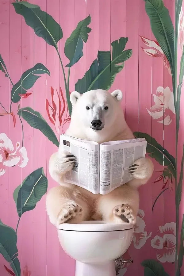 Funny Toilet Animals Black Cat Dog Flamingo Bear Tiger Reading Newspaper Poster Canvas Painting Wall Art Pictures Bathroom Decor