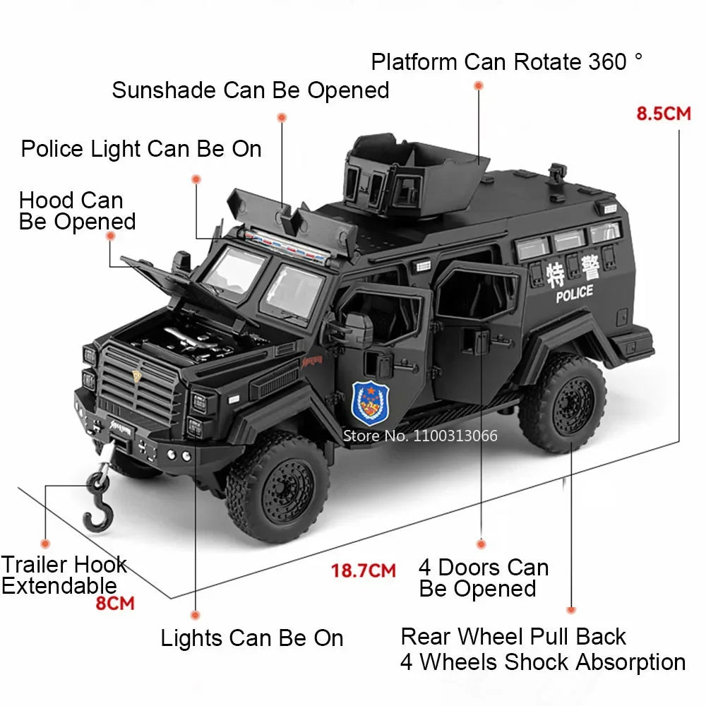 1:32 Sabertooth Models Police Cars Toys 6 Doors Opened Off-road Vehicles Light Sound Miniature Armored Car Boys Collection Gifts