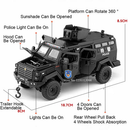1:32 Sabertooth Models Police Cars Toys 6 Doors Opened Off-road Vehicles Light Sound Miniature Armored Car Boys Collection Gifts