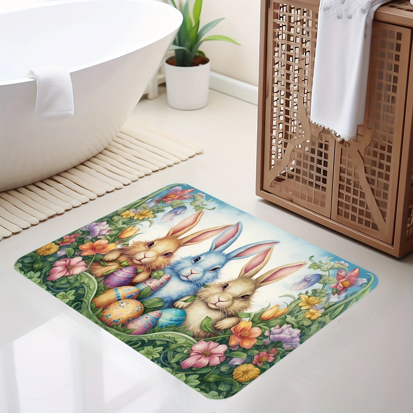 Happy Easter Rabbits Eggs Non-Slip Bathroom Mat Kitchen Bedroom Floormat Front Door Entrance Doormat Balcony Hallway Toilet Rug