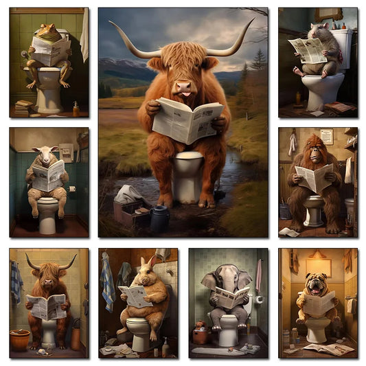 Highland Cow Sheep Mouse Sitting on The Toilet Reading Newspaper Poster Animal Print Canvas Painting Funny Bathroom Wall Decor