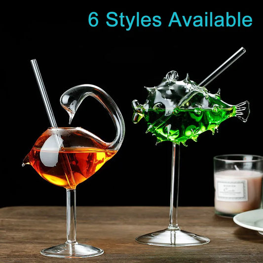 Creative Pufferfish Octopus Swan Bird Cocktail Glass Transparent Goblet Glass with Straw Wine Juice Cup for Party Bar Nightclub