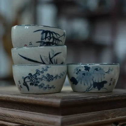 Hand-Painted Blue & White Coarse Pottery Teacup Set - Ceramic Gongfu Tea Cup, Small Cup for Pu'er Tea Ceremony