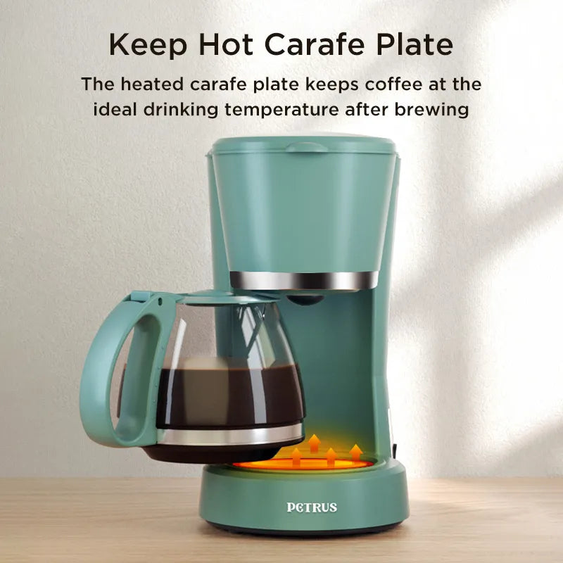Petrus Filterkaffeemaschine, Haushaltskaffeemaschine mit Glaskanne, warmhaltender Teebereiter, wiederverwendeter Filterkorb, Filterkaffeemaschine