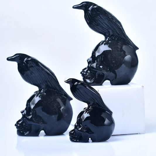 Statue de crâne de corbeau, décor d'halloween, obsidienne naturelle créative pour jardin, corbeau sur crâne, Sculpture de corbeau d'oiseau, cadeau de perchage, 1 pièce