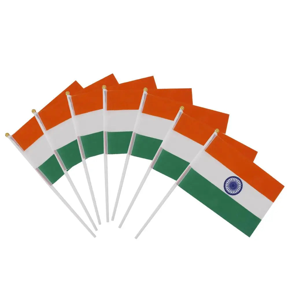 India Stick Flags, 8x5 inch Handheld Mini Indian Flag with 12 Pole - color and Fade Resistant (1 Dozen / 12pcs)