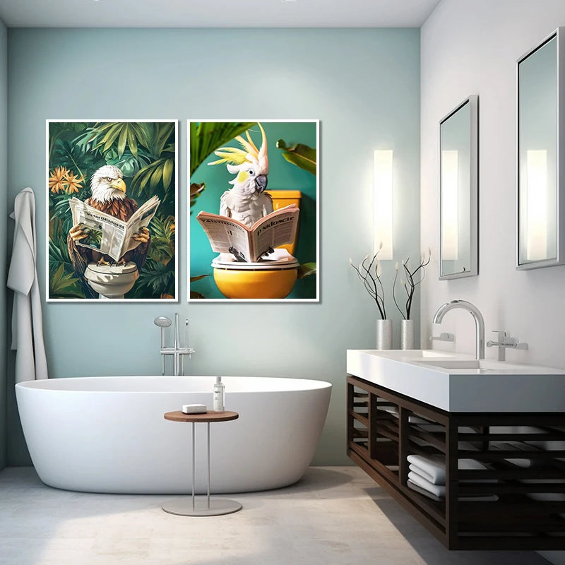 Funny Toilet Animals Black Cat Dog Flamingo Bear Tiger Reading Newspaper Poster Canvas Painting Wall Art Pictures Bathroom Decor