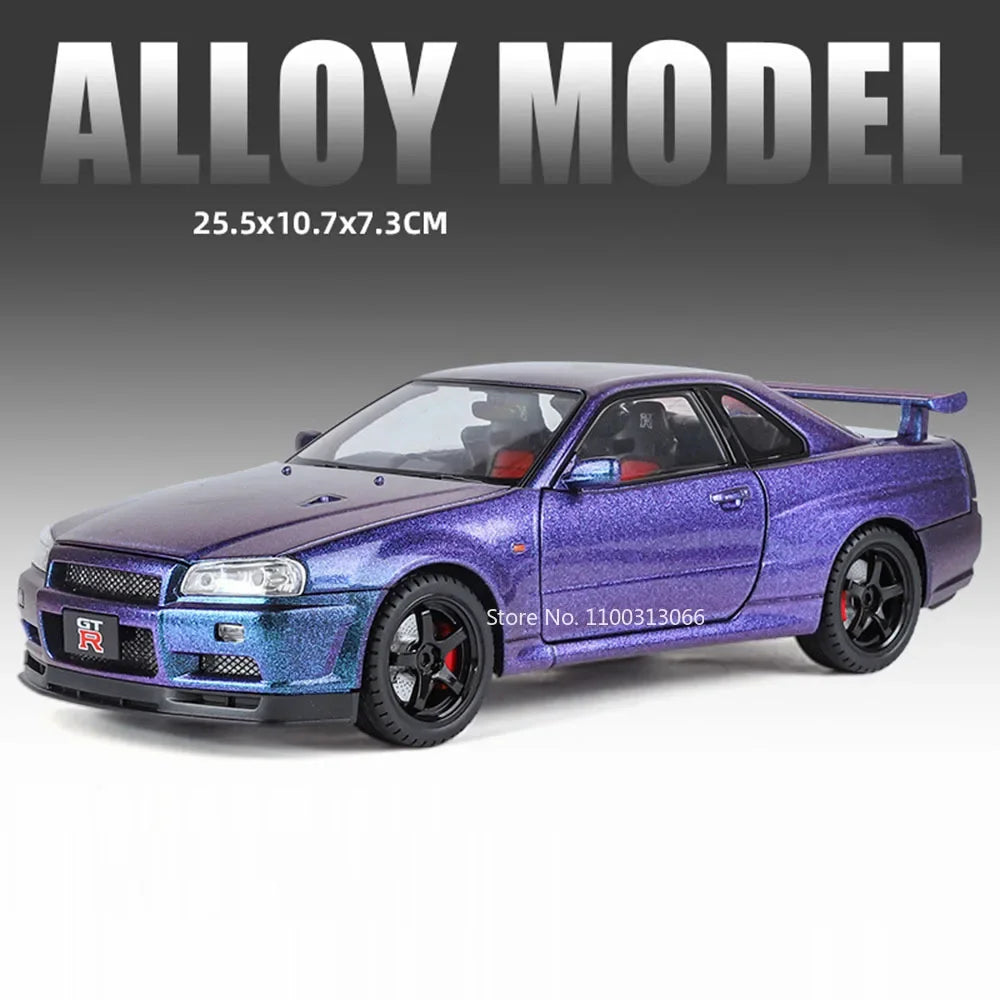 1:18 Alloy Diecast GTR SKYLINE S15 Toys Models Cars 4 Doors Opened Miniature Vehicles with Light Music Car Toddler Kids Gifts