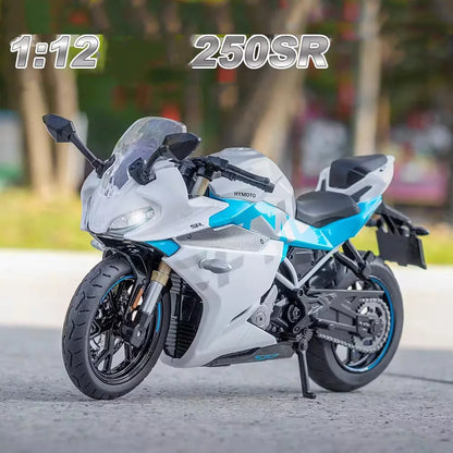 1/12 Alloy Diecast Cfmoto 250SR Racing Motorcycle Model Car Toys Rubber Tires Light Sound Motorbike Vehicle for Children Gifts