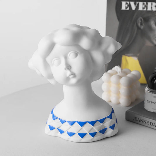 Fashionable Blue White Girl Sculpture Handicrafts Decoration Foyer Ornaments Art Half Body Girl Sculpture Home Decoration