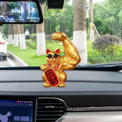Giant Lucky Cat Statue Resin Muscle Arm Figurines Waving Arm Fortune Cat Powered Home Office Car Decorative Figurine Ornament