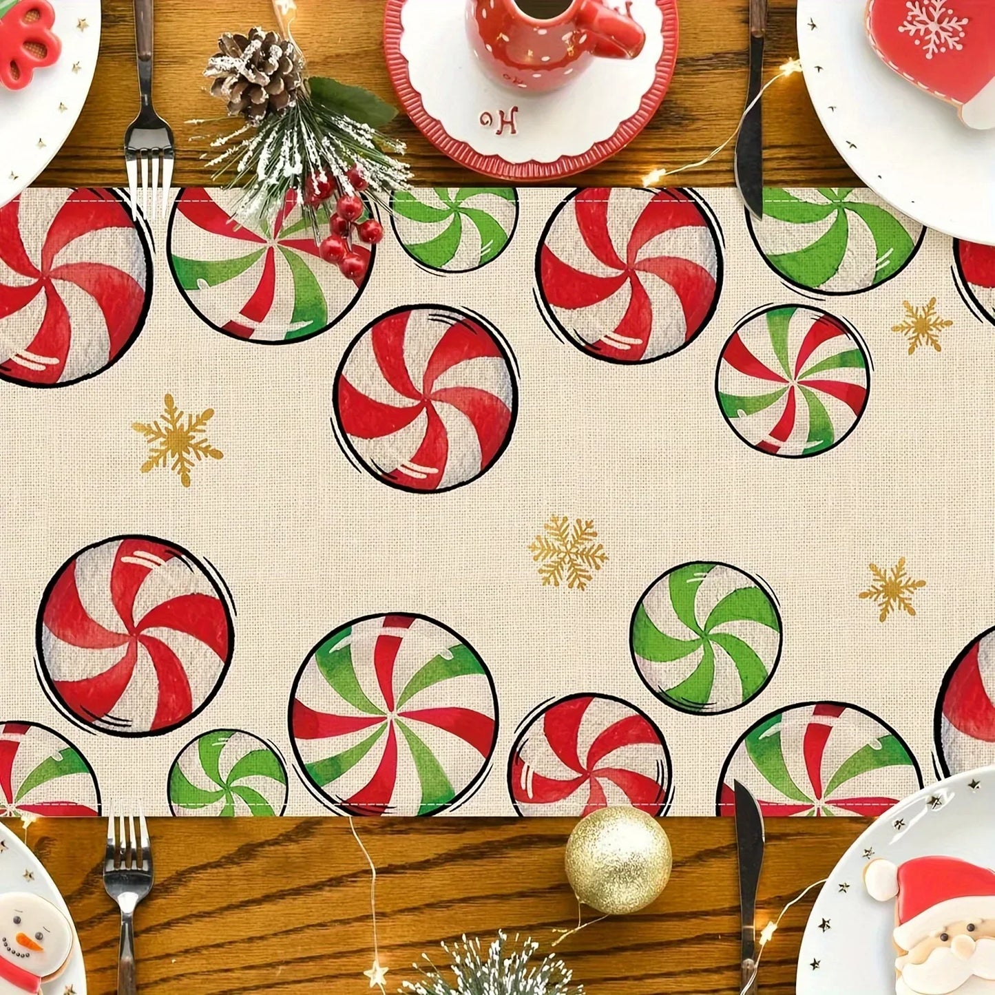 Christmas Gingerbread Man Candy Cane Linen Table Runner  Table Decor Winter Xmas Table Runners Dresser Scarf Navidad Decorations