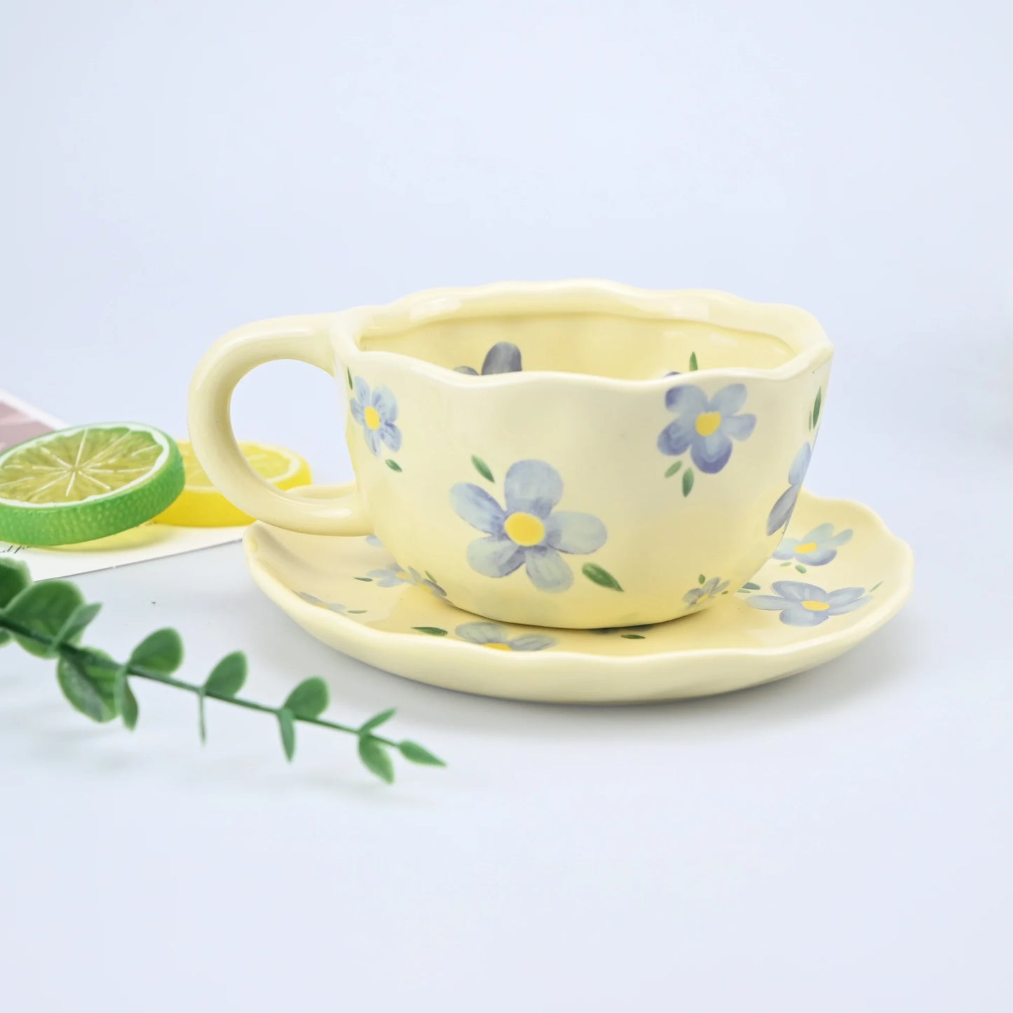 2PCS/Set High-end Coffee Cups And Saucers, High-value Ceramic Mugs, Business-style Latte Art Coffee Cups, Hand-pinched Cups