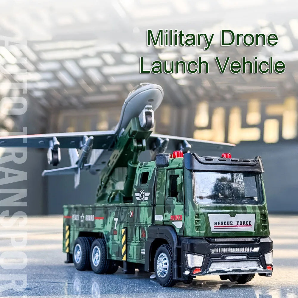 1:32 Military Drone Launch Vehicle Toys Cars Alloy Models Wheel Pull Back with Light Sound Miniature Car for Boys Birthday Gifts